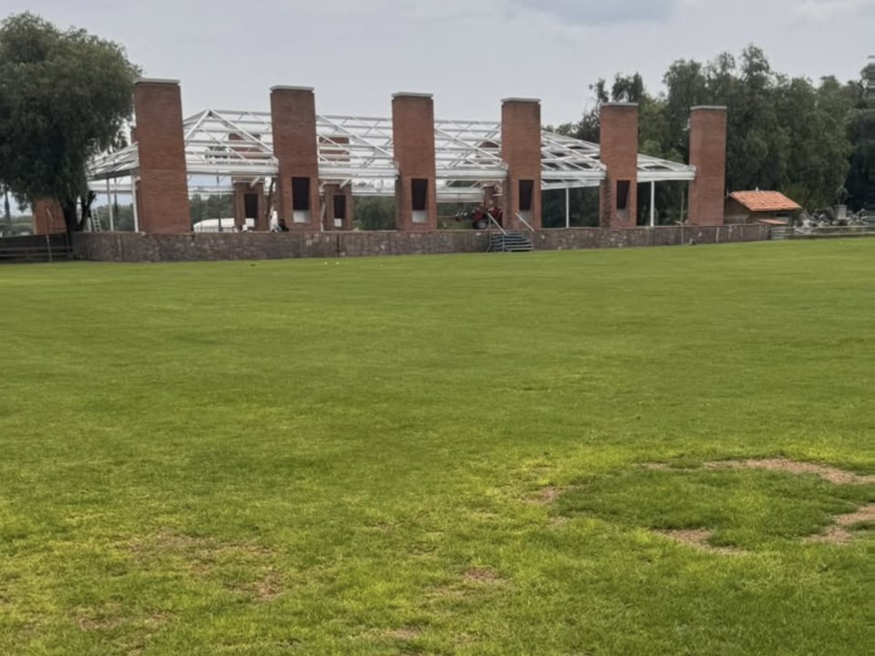 El mismo campo con las zonas cubiertas y el césped parejo después del tratamiento