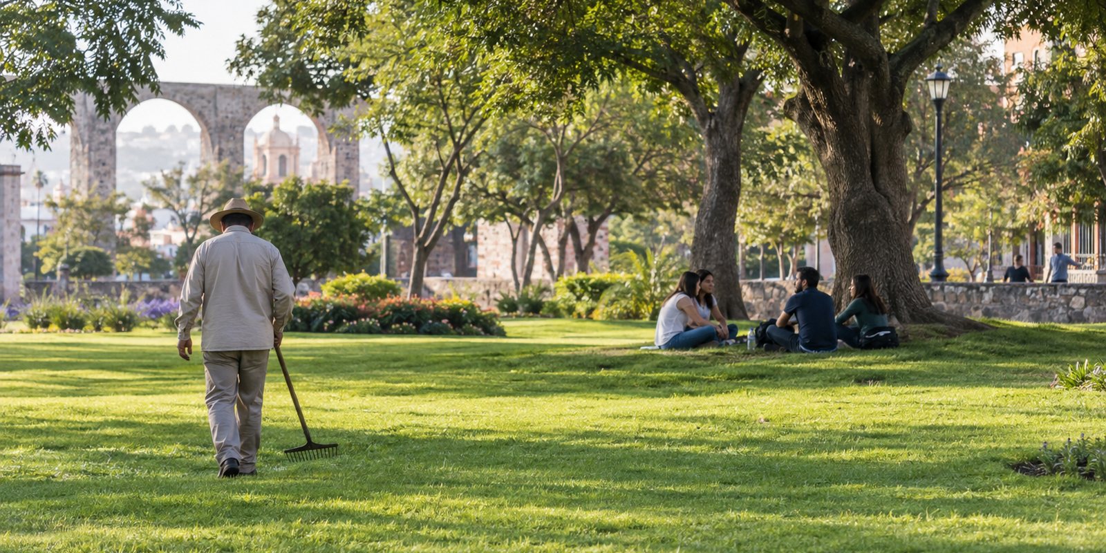 Un jardinero recorre un área verde por la mañana mientras un grupo de personas conversa a la sombra de un árbol