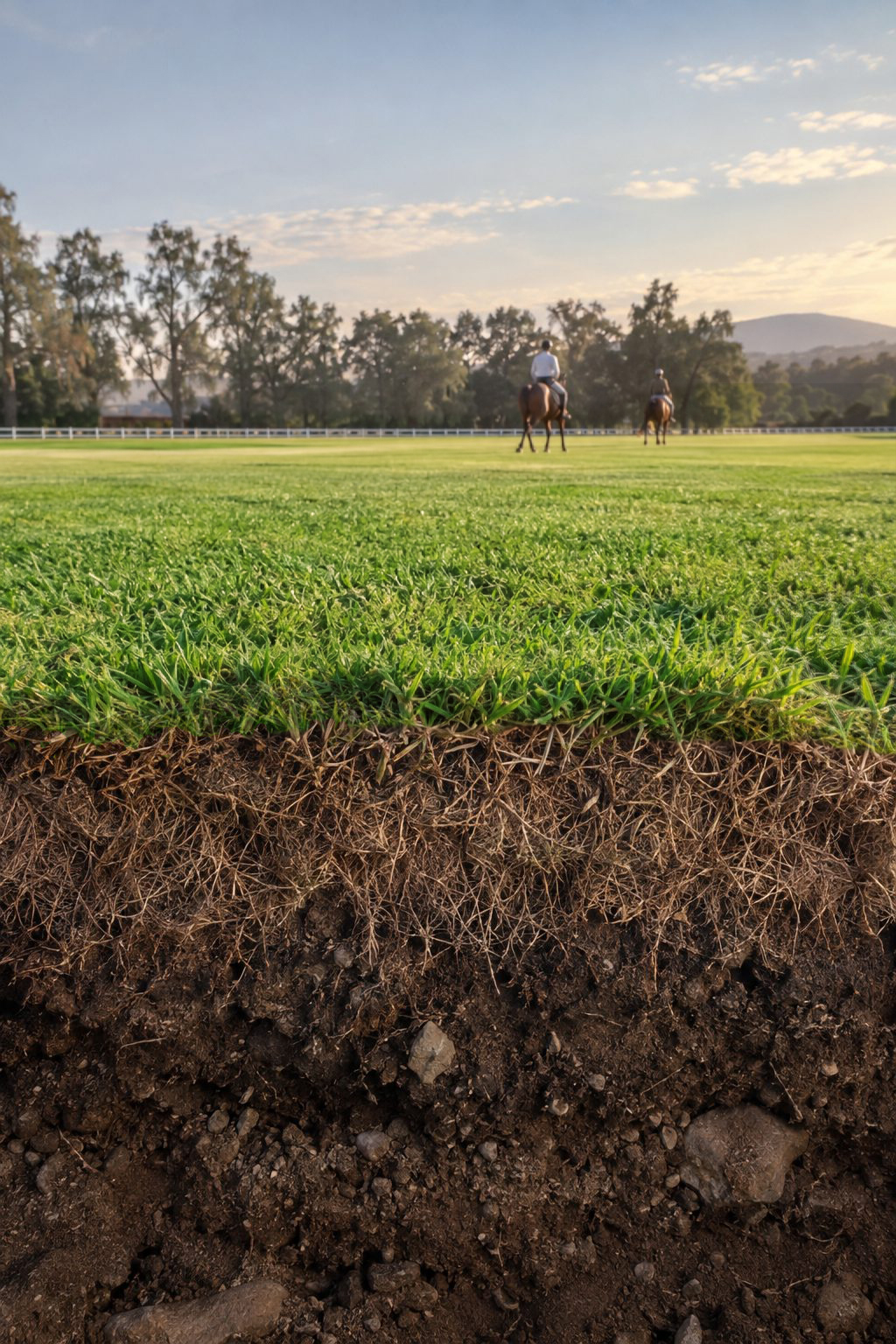 Perfil de suelo en la orilla de un campo de equitación: el césped arriba, sus raíces en el suelo y, al fondo, jinetes a caballo al atardecer