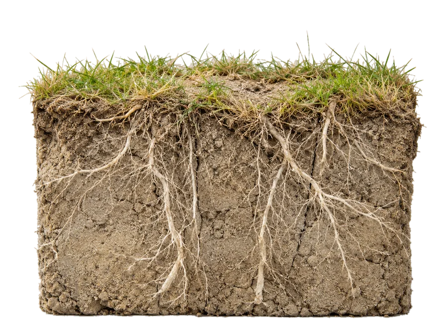 Corte de tierra pálida y compacta con raíces largas y pasto escaso